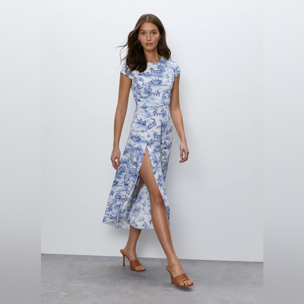Babaton White and Blue Patterned Midi Dress